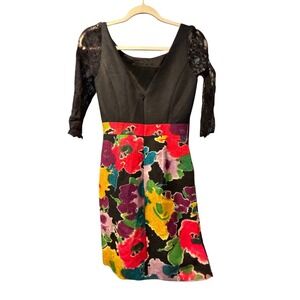 Anthropologie Black Lace Top Floral Print Midi Dress